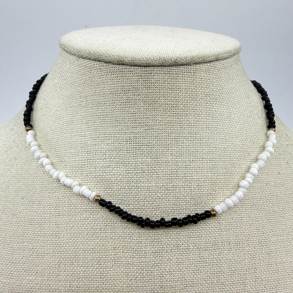 Black and White Seed Bead Necklace Minimalist Boho Layering Jewelry Gift Idea